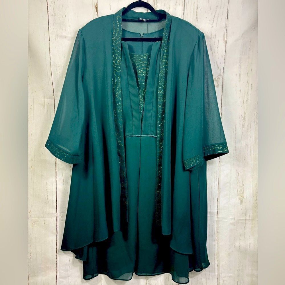 Me Boss Green Dress and Matching Cardigan Embellished Trim Formal Church
